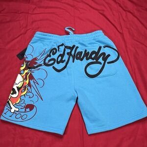 Ed Hardy Mens Fleece Sweat Shorts Skull Tattoo Size Medium Blue Streetwear